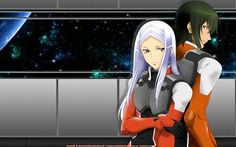 two anime characters standing next to each other in front of a space station with stars