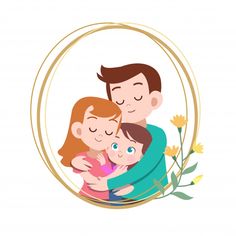 a family hugging each other in a round frame with flowers around the edges and text that reads