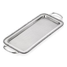 a silver serving tray with handles and beading on the sides, set against a white background