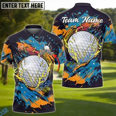 a golf shirt with the name team name and an image of a ball on it