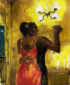 an oil painting of two people dancing in front of a chandelier and mirror