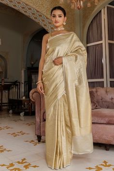 Gold saree with zari dots, checkered woven motifs. Comes with unstitched blouse piece. - Aza Fashions Party Wear Traditional, Cotton Sarees Online, Traditional Silk Saree, Latest Designer Sarees, Elegant Attire, Designer Sarees Online, Casual Saree, Buy Sarees Online, Art Silk Sarees