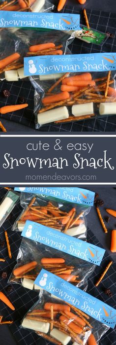 some carrots are wrapped in plastic and sitting on a table with the words, cute & easy snowman snack