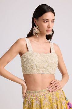 Ivory floral thread work strap sleeves bustier blouse crafted in chanderi with all over scallop texture and pearl beads embellishments. - Aza Fashions Strap Blouse Designs, Bustier Blouse, Scalloped Blouse, Bath Makeover, Luxury Sale, Beaded Neckline, Blouse For Women, Indian Designer, Thread Work