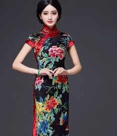 Qipao Details: Material: 19 mome mulberry silk (19 姆米重磅真絲) Mulberry silk is "the second skin of the human body", which feels soft, smooth, and thick. Thickness: Moderate thickness Elasticity: Slightly elastic Feel: Drape, soft, comfortable, breathable Occasions: Events, meetings, and special occasions Size Chart: ( Scroll to the side for full chart) If any part of your body especially bust or hips is at the upper end of the size range then please choose the next larger size range. If your measur Traditional Black Fitted Dress, Traditional Fitted Floral Print Cheongsam, Traditional Fitted Floral Cheongsam, Traditional Black Spring Dresses, Elegant Black Cheongsam For Spring, Evening Fitted Black Cheongsam, Fitted Black Cheongsam For Evening, Elegant Fitted Black Cheongsam, Black Fitted Cheongsam For Formal Occasions