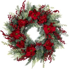 a christmas wreath with red flowers and greenery