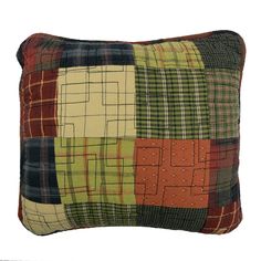 a multicolored patchwork pillow on a white background