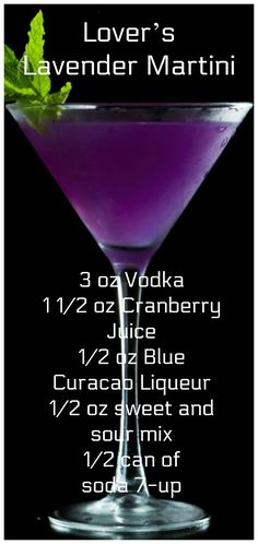 a purple cocktail with lime garnish on the side and text overlay that reads lover's lavender martini