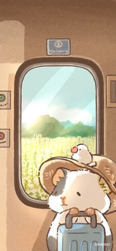 an animal with a hat is sitting on a train window sill and looking out the window