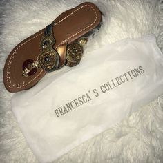 Francesca’s. Beautiful Beaded Sandals! Brand New. Never Worn. Size 9 Elegant Embellished Sandals For Festivals, Elegant Embellished Festival Sandals, Bohemian Embellished Flat Sandals, Embellished Round Toe Sandals For Vacation, Embellished Adjustable Sandals With Round Toe, Casual Embellished Closed Toe Sandals, Bohemian Gold Sandals With Round Toe, Brown Embellished Summer Sandals, Gold Beaded Sandals For Vacation