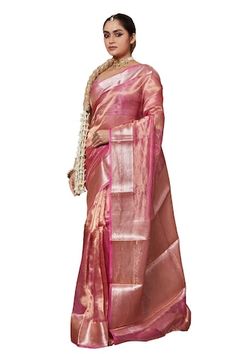 Onion pink saree with floral handwoven motifs on border. Comes with running blouse piece. - Aza Fashions Transitional Slub Silk Pre-draped Saree, Designer Tussar Silk Pre-draped Saree, Pink Cotton Silk Pre-draped Saree With Self Design, Anarkali Pre-draped Tussar Silk Saree, Pink Tissue Silk Pre-draped Saree With Self Design, Cotton Silk Pre-draped Saree For Diwali, Diwali Cotton Silk Pre-draped Saree, Pink Cotton Silk Traditional Wear For Transitional Season, Transitional Pink Cotton Silk Traditional Wear