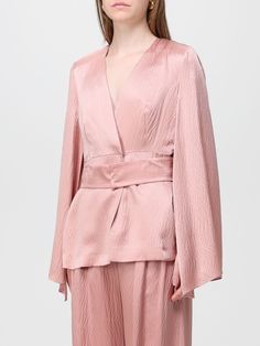 Elegant Style  Regular Fit  Silk Satin  Vneckline  Regular Shoulders  Long Sleeves With Side Slits  Concealed Snap Button Closure  Removable Waist Belt  Straight Hem Pink Top, Primavera Estate, Blazers For Women, Pink Tops, Max Mara, Waist Belt, Silk Satin, Elegant Style, Snap Button