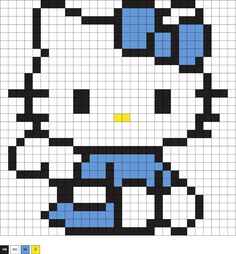 a cross stitch hello kitty pattern in blue and black, with yellow dots on it