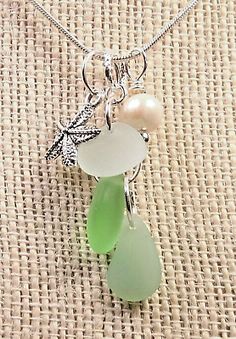 MISTY GREENS Sea glass jewelry handmade  cluster w STARFISH + PEARL Necklace  | eBay Artisan Jewelry Necklaces, Glass Beach, Sea Glass Beach, Pale Aqua, Beachglass Jewelry, Handcrafted Artisan Jewelry, Green Sea, Pearl Charms, Sea Glass Jewelry