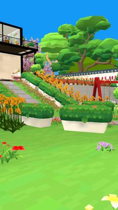 an animated view of a garden with flowers and trees