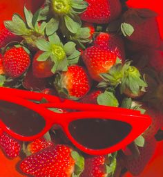 red retro sunglasses sitting on a bunch of red strawberries, a vintage aesthetic tint to the photo Red Aesthetic Sunglasses, 50s Red Aesthetic, Red Summer Aesthetic Wallpaper, Red Happy Aesthetic, Strawberry Summer Aesthetic, Red Aesthetic Square, Happy Red Aesthetic, Red Spring Aesthetic, Red Sunglasses Aesthetic