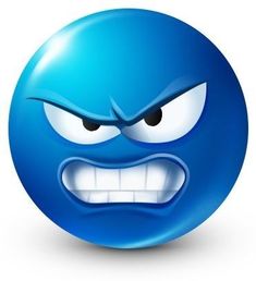 an angry blue emoticive face with eyes and mouth wide open, isolated on white background