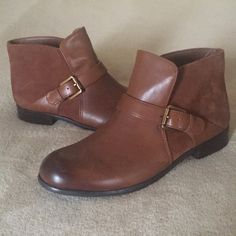 Adorable Saddle Brown Leather Franco Sarto Merit Ankle Booties With Genuine Suede Back Half Of Booties. Burnished Round Toe. Side Gold Buckles And Low Black Rubber Heels. New, Never Worn. No Box. Franco Sarto Shoes, Saddle Brown, Franco Sarto, Rubber Heels, Black Rubber, Ankle Booties, Bootie Boots, Ankle Boots, Women Shoes