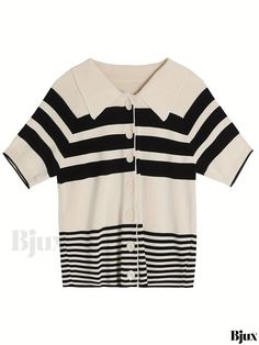 Bjux - Classic Striped Knit Top with Button Front, Versatile Short Sleeve Shirt for Spring & Summer, Womens Fashion Apparel Casual Short Sleeve Sweater With Buttons, Collared Knit Tops With Button Closure, Collared Knit Tops With Buttons, White Knit Button-up Top, Knit Collared Tops With Buttons, Black Knit Button-up Top, Winter Tops With Buttons And Short Sleeves, Winter Short Sleeve Tops With Buttons, Knit Button-up Top