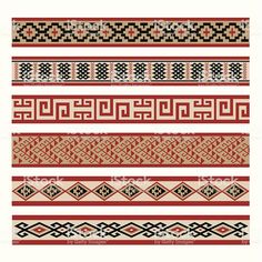 an assortment of different types of embroidery designs on white paper with red and black lines