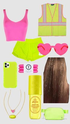 the contents of a woman's neon outfit including sunglasses, hair and other items