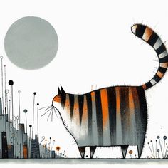 an orange and black striped cat standing in front of a full moon on a white background