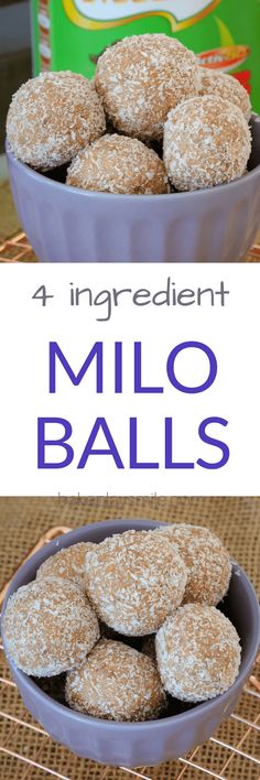 a bowl filled with powdered donuts next to a bag of milk and the words, 4 ingredient millo balls