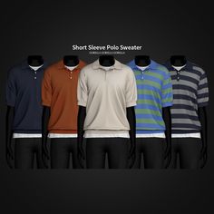 five men's polo shirts on mannequins with text short sleeve polo sweater