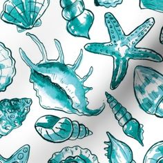 a blue and white background with seashells, starfish, and other sea creatures