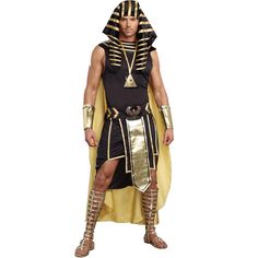 Be dazzling in this gold and black king's costume for adults. Look regal and alluring at your next costume party. This outfit comes with everything you need to instantly transform into royalty! Egyptian Headpiece, Egypt Costume, King Of Egypt, Pharaoh Costume, Eye Of Horus Necklace, Costume Carnaval, King Costume, Egyptian Kings, Egyptian Pharaoh