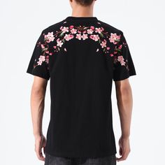 Sakura Embroidered Shirt – Kidoriman Embroidered Cotton Shirt For Spring, Traditional Relaxed Fit Shirt For Spring, Short Sleeve Shirt With Embroidered Graphics For Spring, Spring Short Sleeve Shirt With Embroidered Graphics, Black Shirt With Floral Embroidery For Spring, Black Embroidered Shirt For Spring, Spring Floral Embroidery Relaxed Fit Shirt, Spring Embroidered Cotton Shirt, Spring Black Shirt With Floral Embroidery