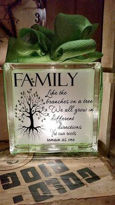 a glass block with a green ribbon around it that says, family like the branches on a tree