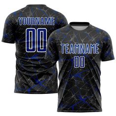 a black and blue shirt with the number 00 on it, that says your name