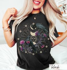 Celestial Ravens and Thistles Comfort Colors Shirt Bird Lover - Etsy Black Bohemian Top For Halloween, Black Bohemian Tops For Halloween, Black Bohemian Top For Alternative Fashion, Mystic Mama, Ice Cream Gift, Favorite Questions, Comfort Colors Shirt, Bird Lover, Floral Gifts