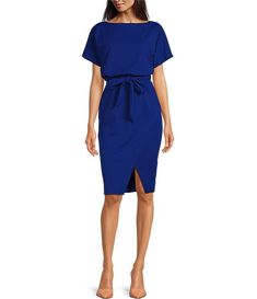 Kensie Textured Knit Boat Neck Self-Tie Waist Faux Wrap Blouson Dress | Dillard's Fitted Midi Dress With Tie Fastening For Daywear, Spring Stretch Belted Dresses, Belted Stretch Dresses For Spring, Fitted Belted Dress With Tie Fastening For Work, Casual Fitted Belted Dress With Tie Waist, Chic Fitted Belted Dress With Tie Waist, Elegant Fitted Belted Dress With Tie Fastening, Formal Knee-length Belted Dress With Tie Waist, Formal Knee-length Dress With Tie Waist