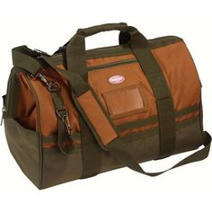 a brown and green duffel bag on a white background