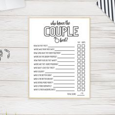 a printable who knows the couple checklist on a desk next to a cup of coffee