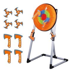 an orange fan sitting on top of a metal stand next to several blades and screws