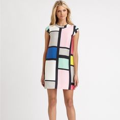 Dress For Work Or For Evening Modern White A-line Mini Dress, Chic Multicolor Geometric Pattern Dress, Multicolor A-line Dress For Work, Chic Spring Dress With Geometric Pattern, White A-line Mod Dress, Chic Color Block Mini Dress For Spring, Kate Spade Summer Workwear Dresses, Chic Spring Mini Dress With Color Block, Summer Workwear Dresses With Geometric Pattern