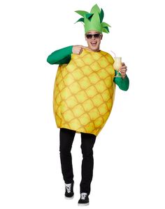 You’ll be the most welcoming person at the party when you dress in this pineapple costume! This fruity costume comes complete with a hat that will make your costume extra ripe! The 3D costume is super comfy, so you’ll be able to rock this sweet look all night long. Includes: 3D costume Hat Crewneck Sleeveless Pullover style Velcro closure Length: About 37.5” from shoulder to hem Material: Polyester Care: Spot clean Imported Note: Sunglasses, drink, pants and shoes sold separately Pineapple Costume, Sleeveless Pullover, Spirit Halloween, Pineapple, Make Your, Halloween