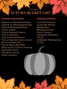 an autumn bucket list is shown with leaves and pumpkins in the background on a black background