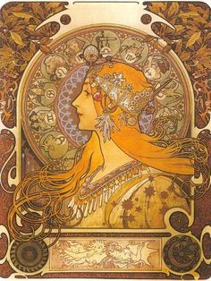 a woman with long hair is depicted in an art nouveau style painting on wood panel