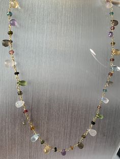 "moonstone,Labrorite,peridot,amethyst, citrine Drop size 6x9 approx Tourmaline 4 mm 18k gold plating over sterling silver 161/2\" long plus 1 1/2\" long extension So it can be extend up to 18 inches Us$ 42.99" Colorful Dainty Jewelry, Gold Tourmaline Multi-stone Necklace, Gold Multi-stone Tourmaline Necklaces, Gold Tourmaline Necklace With Natural Stones, Jewelry Making Inspiration, Beaded Jewelry Inspiration, Things To Do With Beads, Homemade Necklaces, Amazon Jewelry