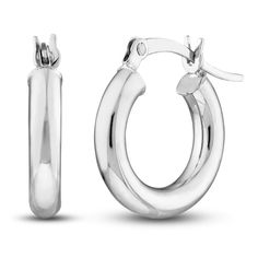 Dynamic 15mm round tubes are polished to a high shine in these classic women's hoop earrings. Fashioned in 14K white gold, the earrings secure in place with hinged backs. Classic Round Hinged Huggie Earrings, Classic Huggie Earrings With Spring Ring Clasp For Anniversary, Classic Round Huggie Earrings With Shiny Finish, Classic Oval Huggie Earrings With Polished Finish, Classic Small Hoop Earrings With Shiny Finish, Classic Small Hoop Huggie Earrings With Polished Finish, Formal Small Hoop Huggie Earrings With Shiny Finish, Formal Round Huggie Earrings With Polished Finish, Formal Huggie Earrings With Polished Finish