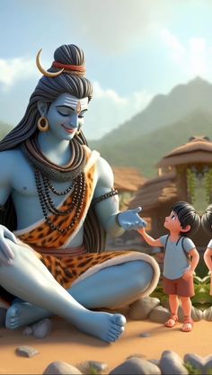 an animated image of a man and two children in front of a statue of hindu god