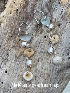 Silver Seashell Earrings, Beach Jewelry With Dangling Charms, Unique Beach Drop Earrings, Unique Nickel-free Earrings For Beach, Unique Beach Style Drop Earrings, Unique Shell Earrings For Beach, Ocean-inspired Sterling Silver Beach Jewelry, Beach Earrings With Sea Glass And Ear Wire, Ocean-inspired Jewelry With Dangling Charms For Gifts