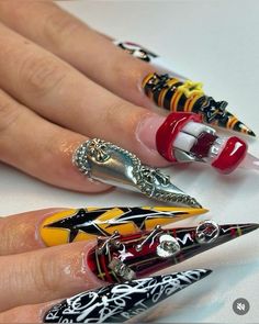 Exotic Halloween Nails, Grill Nails, Rolling Loud Nails, Halloween Junk Nails, Punk Nails Acrylic, Nail Freestyle Designs, Frosting Nails, Crazy Nail Designs Creative, Crazy Halloween Nails