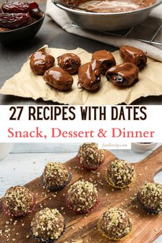 some desserts are on a cutting board and one is filled with chocolate covered cookies