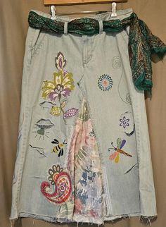 Hand made upcycled skirt . Machine wash and dry. Size 15/16. Waist size measures 36 in.  Length is 35 in long from top of skirt to bottom. Painted Denim Skirt, Upcycled Skirt, Hand Painted Denim, Painted Denim, Waist Size, Denim Skirt, Hand Made