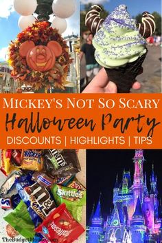 mickey's not so scary halloween party at disney world with text overlay that says, mickey's not so scary halloween party